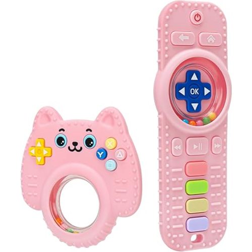 2 Pack Baby Rattles Teething Toy for Babies 3-6 Months, Teething Relief for Infant 6-24 Months, Silicone Teethers TV Remote Boys and Girls Sensory Toy