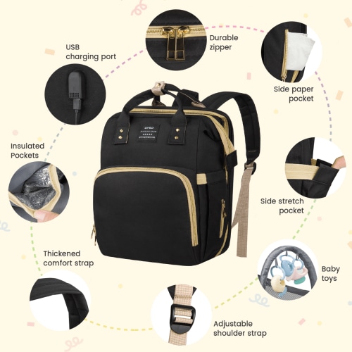 Diaper Bag Backpack, Multifunctional Baby Changing Bag with Foldable Crib &Insulated Milk Bottle Pockets, Large Capacity Portable Travel Backpack with USB Charging Port, Nappy Bag for Moms Dads,Black