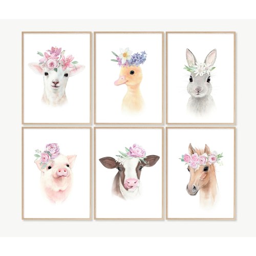 Baby Farm Animal Prints for Nursery, Animals with Flower Crown, Girl Nursery Wall Art, Watercolor Paintings for Baby Room, Barnyard, Pink