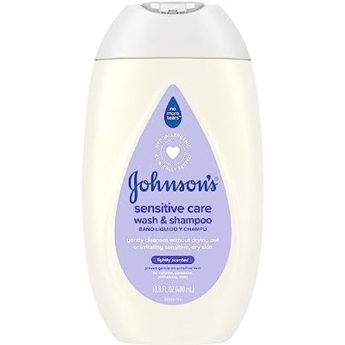 Johnson's Baby Sensitive Care Baby Body Wash & Shampoo, Daily Moisturizing 2-in-1 Baby Wash & Shampoo to Gently Cleanse Dry, Sensitive Skin, Lightly Scented, Tear-Free, Hypoallergenic, 13.6 fl. oz