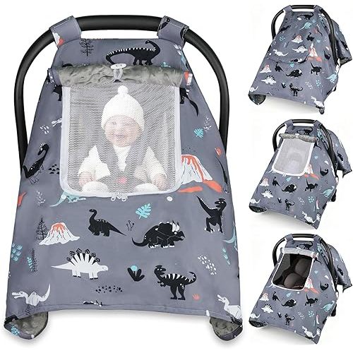 Car Seat Cover Baby, Carseat Covers Baby with 2 Layers Breathable Zipper Windows, Windproof Infant Car Seat Cover, Kick-Proof Baby Carrier Cover for Baby Boy Newborn Essentials