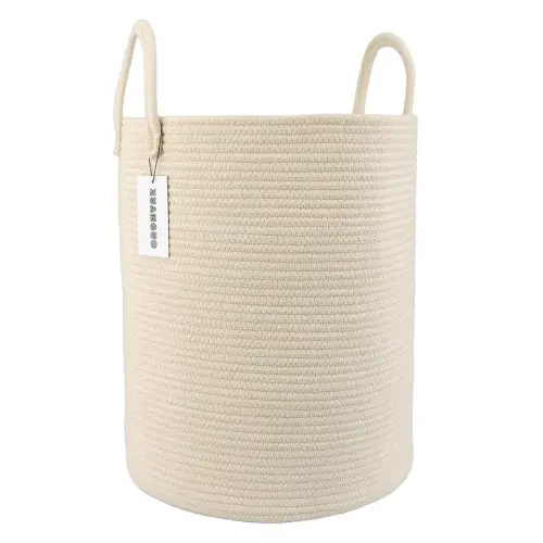 Cotton Rope Laundry Basket Hamper for Clothes Woven Storage Basket for Living Room Bedroom Boho Tall Rope Baskets for Blanket Toys Pillow Towels Baby Nursery Hamper Bin beige