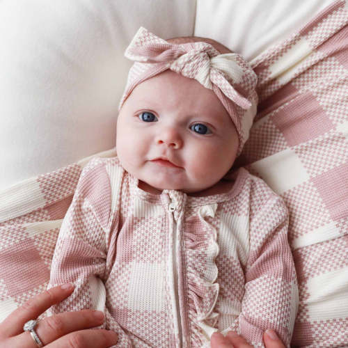 Big Check Bamboo Waffle Zipper Ruffle Footie | Rosy
