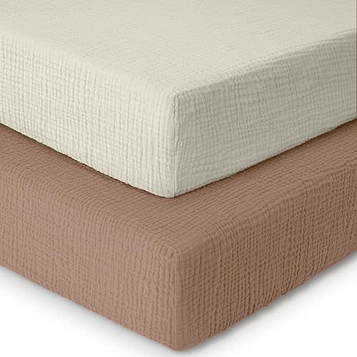 Muslin Mini Crib Sheets,100% Cotton Crib Sheets,2Pack,Soft,Breathable Crib Sheets Girls,Boys,Pack n Play Sheets,Crib Sheet,Pack and Play Sheets Fitted,24x38 Mini Crib Sheets |Brown and Ecru