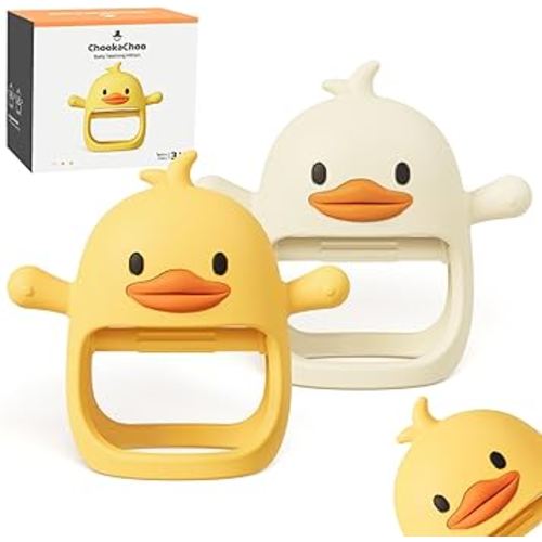 2 Packs Baby Teething Toy for Over 3 Month, Food Grade Silicone Teething Mitten, Anti Dropping Wrist Hand Teethers Baby Chew Toys for Sucking Needs, BPA Free, Duckie (Patent Pending)