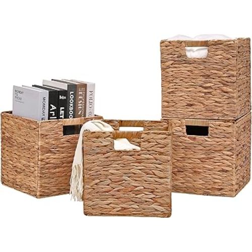 Wicker Storage Cubes 11.2x11.2x11.2inch Cube Baskets Set of 4 Pcs,Collapsible Water Hyacinth Baskets,Handwoven Storage Baskets for Shelves,Kitchen or Outdoor