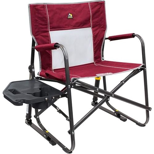 GCI OUTDOOR Freestyle Rocker XL with Side Table Camping Chair | Portable Folding Rocking Chair with Solid, Durable Armrests, Drink Holder & Comfortable Backrest — Red