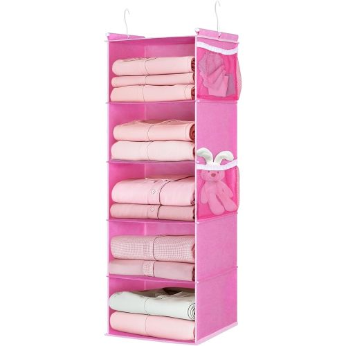 MAX Houser 5-Shelf Hanging Closet Organizer, Hanging Storage Shelves with 4 Side Pockets Space-Saving for Bedroom, Foldable (Pink)