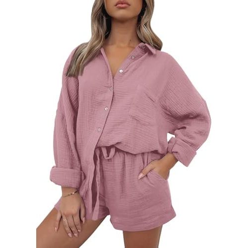 AUTOMET 2 Piece Sets For Women Lounge Wear Matching Two Piece Pajama Fashion Oversized Shirts And Shorts Spring Outfit 2025