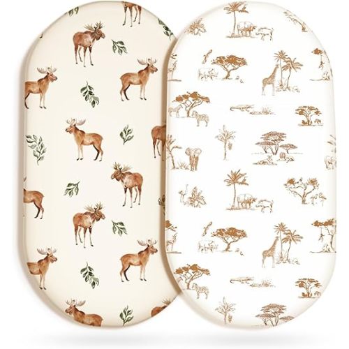 GRSSDER Ultra Soft Bassinet Sheets 2 Pack, Stretchy Breathable Knit Bassinet Mattress Sheets for Baby, Universal Fitted Baby Cradle Moses Basket Oval Rectangle Mattresses Safe and Snug, Animals Print