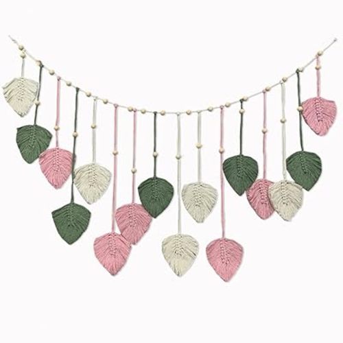 Nature-Inspired Macrame Leaf Wall Hanging, Handcrafted Green Tapestry Boho Home Decor, Bohemian Art Nursery Living Room Bedroom Backdrop Chic Decoration (Pink Green Off White 47.2"*30")