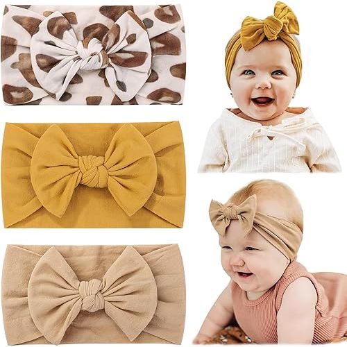 jollybows 3PCS Baby Nylon Headbands Hairbands Hair Bow Elastics for Baby Girls Newborn Infant Toddlers Kids - Khaki Mustard Leopard Print