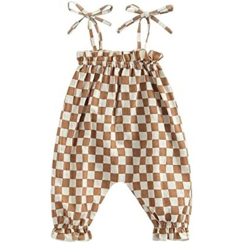 Infant Baby Girls Summer Jumpsuits Checkerboard Plaid Sleeveless Tie-up Smocked Romper Overalls One Piece Outfits
