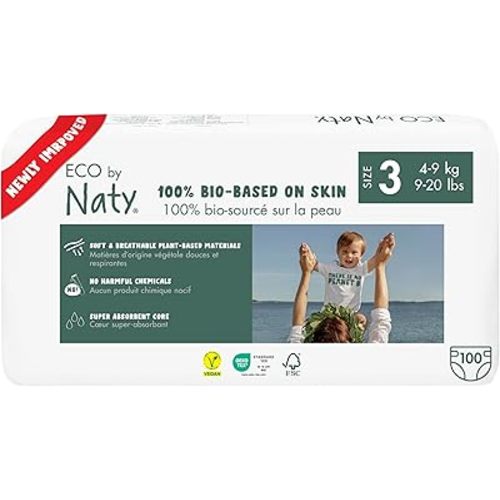 Eco by Naty Eco-Friendly Baby Diapers - 100% Plant-Based Materials on Skin, Soft, for Sensitive Skin & Super Absorbent (Size 3, 100 Count)