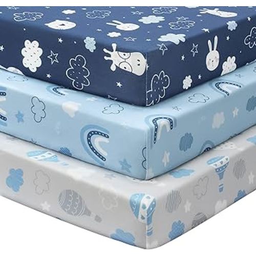 Baby Crib Sheets for Boys and Girls, 3 Pack Toddler Bed Sheets for 52”x28” Standard Toddler Mattresses, Soft Microfiber Fitted Crib Sheets Neutral Blue Cloud Animals