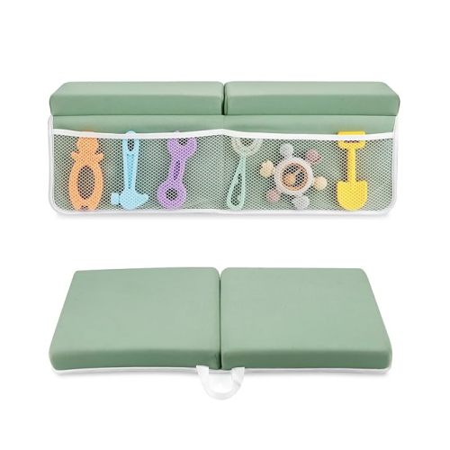 PandaEar Baby Bath Kneeler & Elbow Rest Pad, Comfortable Non-Slip Kneeling Mat Cushion with Toy Organizer Storage Pockets, Foldable Foam Mat for Toddler Bathroom Bathing Time (Green)