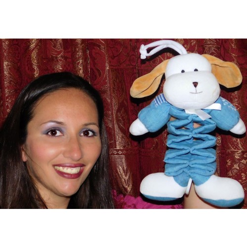 First Peek Tan white blue Puppy Dog musical Pull LOVEY BABY ACCORDION Plush (B)
