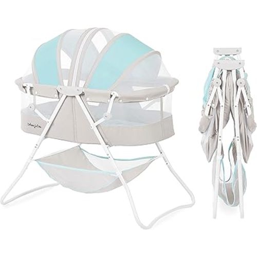 Karley Bassinet in Blue & Grey, Lightweight Portable Baby Bassinet, Quick Fold and Easy to Carry , Adjustable Double Canopy, Indoor and Outdoor Bassinet with Large Storage Basket.