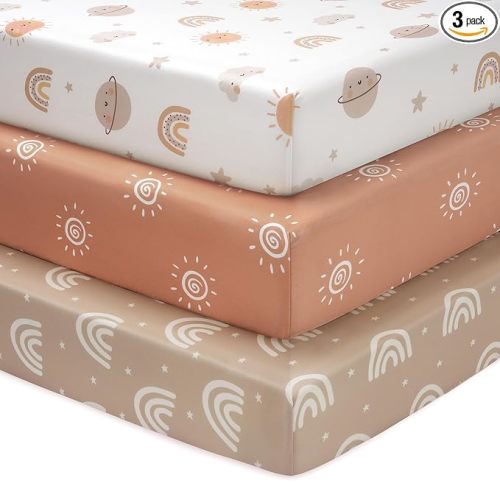 Baby Crib Sheets for Boys and Girls, 3 Pack Fitted Toddler Bed Sheets Neutral for 52”x28” Standard Crib and Toddler Mattresses, Super Soft Microfiber Orange Sun Rainbow