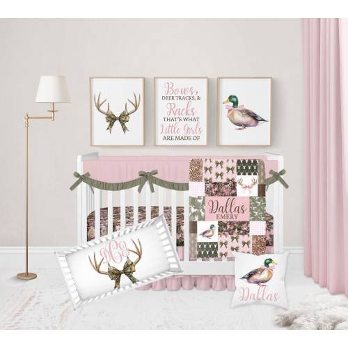 Baby Girl Crib Bedding Set, Pink Camo Baby Girl Bedding, Bow Nursery Bedding, Duck Hunting Nursery Decor, Deer Baby Bedding Crib Sets Girl