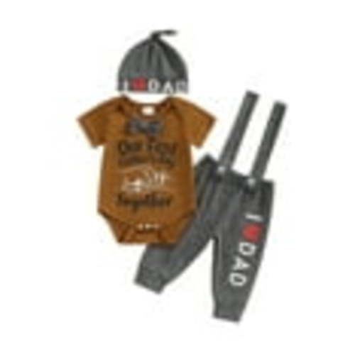 Bagilaanoe 3pcs Newborn Baby Boys Father Day Outfits Pants Set Print Short Sleeve Romper Tops + Suspender Trousers + Hat 3M 6M 12M 18M Infant Casual Clothes
