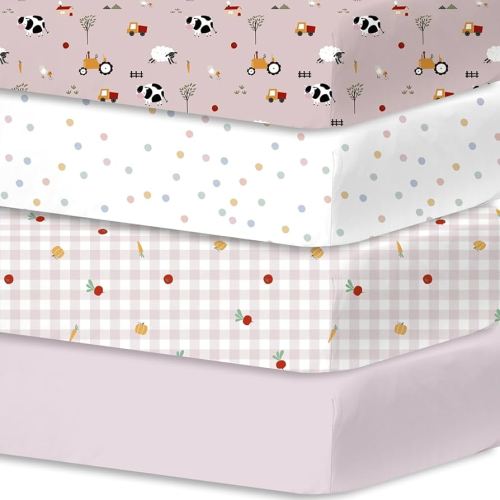 Little Grape Land Baby Crib Sheets Set for Boys & Girls, 4-Pack Soft & Breathable Microfiber, 52"x28" Fitted Sheets for Standard Toddler Crib Mattress, Cute Patterns – Rustic Ranch Pink