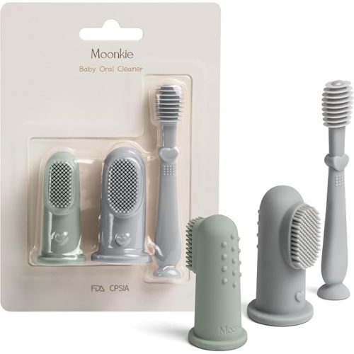 Moonkie Baby Finger Toothbrush Tongue Oral Cleaner Kit for 3 Months +, 3 Pcs (Blue/Mint/Blue)
