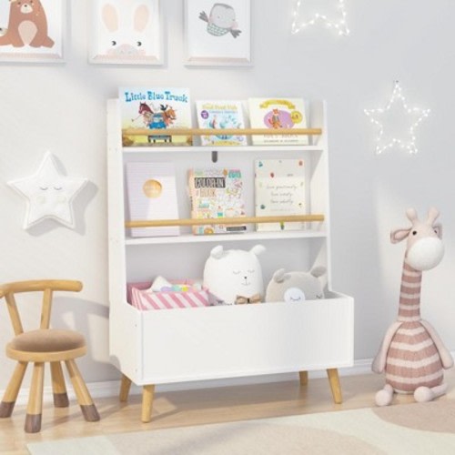 Kids Bookshelf with Toy Organizer, 3-Tier Wood Child Book Shelf, Toy Storage Organizer with Legs, Kids Bookcase for Children's Room,  Nursery White