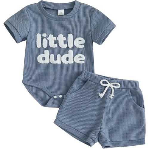 MERSARIPHY Newborn Baby Boy Summer Clothes Mama's Boy Little Dude Short Sleeve Romper Shorts Set Infant Waffle Knit Outfit