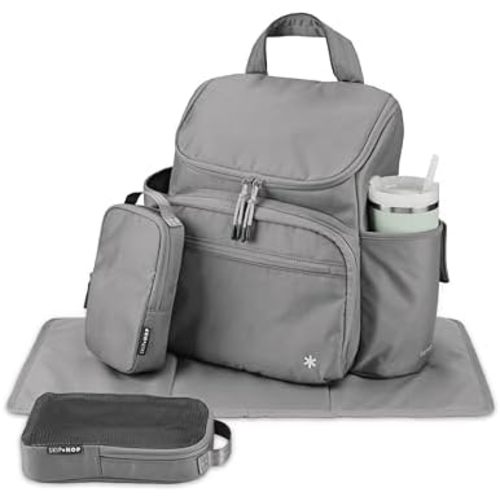 Skip Hop Diaper Bag Backpack with Portable Changing Pad Adjustable Pocket for 30 oz. Tumblers 9 Total Pockets Insulated Packing Cubes Luggage Sleeve & Stroller Straps Fits a 14” Laptop Forma Next Grey