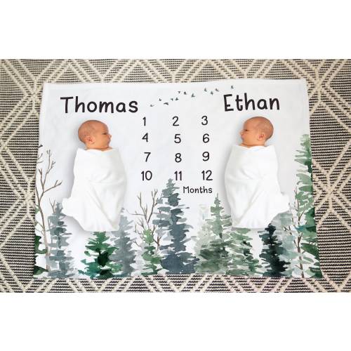 Twins Milestone Blanket Boys, Woodland Baby Monthly Growth Tracker, Forest Milestone, Baby age blanket, Twins newborn gift - EnF