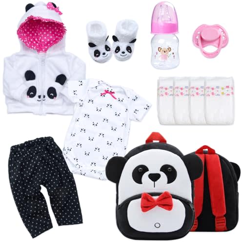11-Piece Reborn Baby Dolls Clothes Girl Accessories Panda Outfit for 20-23 Inch Newborn Baby Dolls with Panda Backpack Diapers