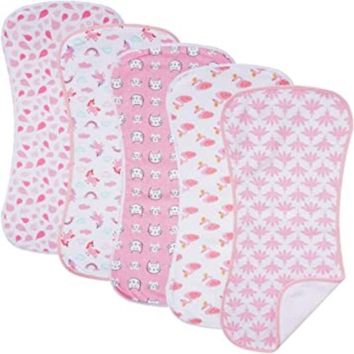 sleepyturtle Ultra-Soft Cotton Burping Clothes - Large, Absorbent, Waterproof Baby Burp Cloths in Cute Unisex Designs 5 Pack (pink01)