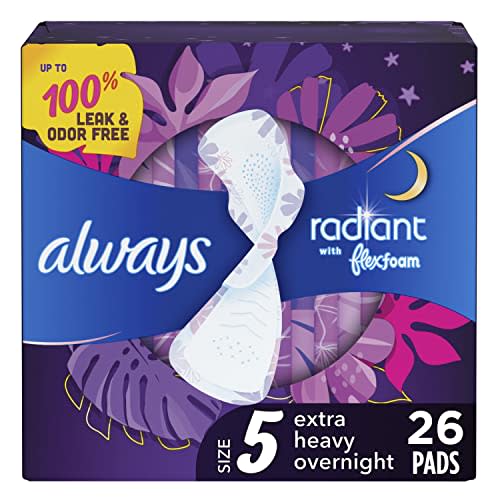 Always Radiant FlexFoam Pads for Women, Size 5, Extra Heavy Overnight Absorbency, 100% Leak & Odor Free Protection is Possible, with Wings, Scented, 26 Count