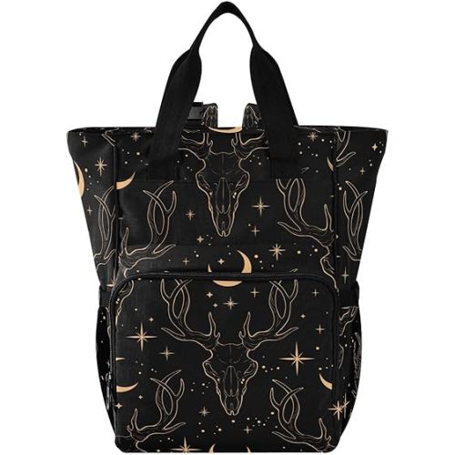senya Diaper Bag Backpack, Golden Deer Skull Multifunction Travel Bag for Moms Dads
