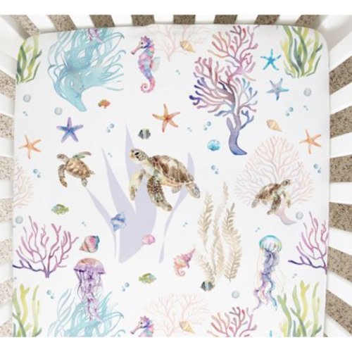 Retro Sea Animals Crib Sheets 52''x 28'' Ocean Turtle Sea Horse Jellyfish Starfish Seaweed Snug Fitted Crib Mattress Cover for Boy Girl Soft Nursery Bed Sheets for Standard Crib Toddler Mattresses