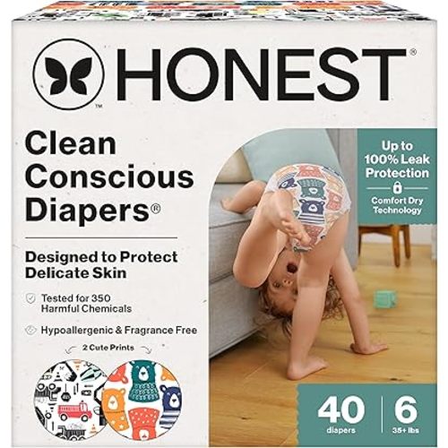 The Honest Company Clean Conscious Diapers for Delicate Skin | Up to 100% Leakproof | Hypoallergenic, Fragrance Free | Gender Neutral | Club Box, Size 6 (35+ lbs), 40 Count (Prints May Vary)