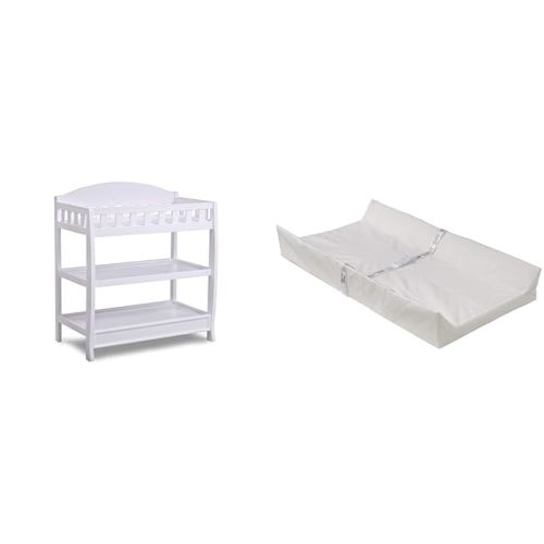 Delta Children Infant Changing Table with Pad, White & Foam Contoured Changing Pad with Waterproof Cover - Changing Table + Changing Pad