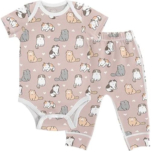 vvfelixl Baby Onepiece Clothes Cute Cat Baby Bodysuits Set Unisex Short Sleeve Baby Pants Sets 0-3M - 3-6 Months - Multi1