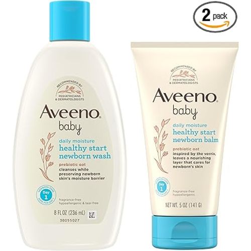 Bundle of Aveeno Baby Healthy Start Newborn Wash, Hypoallergenic Baby Body Wash with Prebiotic Oat, Fragrance-Free, 8 fl. oz + Newborn Balm, Baby Skin Balm with Prebiotic Oat , Fragrance-Free, 5 oz