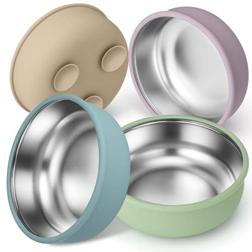 4 Pack Stainless Steel Baby Bowls with Suction 2-in-1 Toddler Feeding Plates Heat-Resistant Spill-Proof Suction Bowls for Kids Baby Toddler Food Feeding
