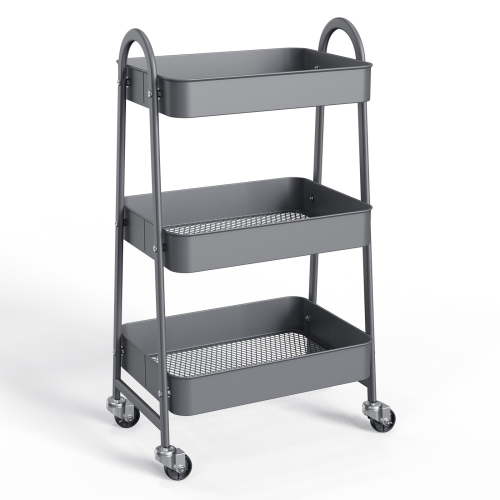 ZUNMOS 3 Tier Utility Rolling Cart, Metal Mobile Storage Cart with Lockable Caster Wheels, Storage Shelves Organizer Cart for Livingroom, Bathroom, Kitchen, & Narrow Places, Gray