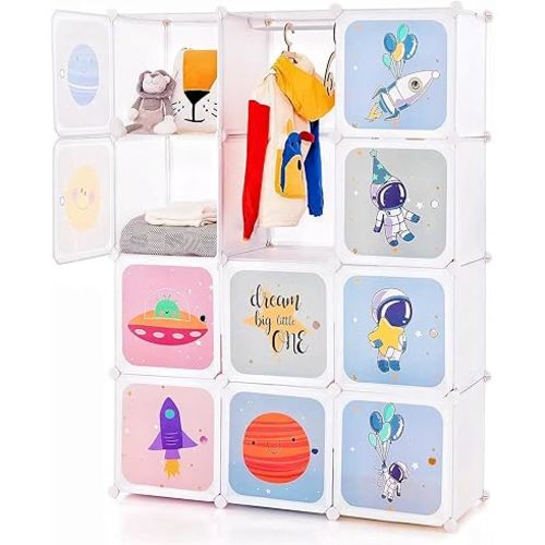 INFANS Children Wardrobe, Kid Closet Portable Baby Dresser Cute for Kids Bedroom Nursery Armoire with Doors 12 Cube 2 Hanging Sections, Kid Clothes Storage Organizer (White, 12 Cubes)