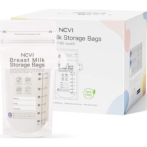 NCVI Breastmilk Storage Bags, 180 Count Milk Storage Bags for Breastfeeding, 7oz Breast Milk Storage Bags with Temp-Sensing, Doubled-Sealed, Hygienically, Self Standing, Easy Pour Spout, BPA Free