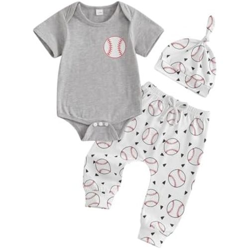 Lamuusaa Newborn Baby Boy Baseball Outfit Short Sleeve Baseball Romper Onesie Long Pants Hat 3Pcs Summer Clothes 0-18M