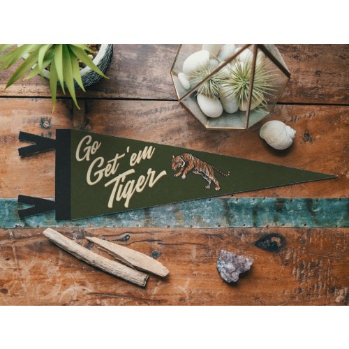 Go Get &#39;em Tiger Felt Pennant | Vintage Motivational Banner, Inspirational Kids Room Decor, Office Work Wall Art, Classic Home Accent Gift.
