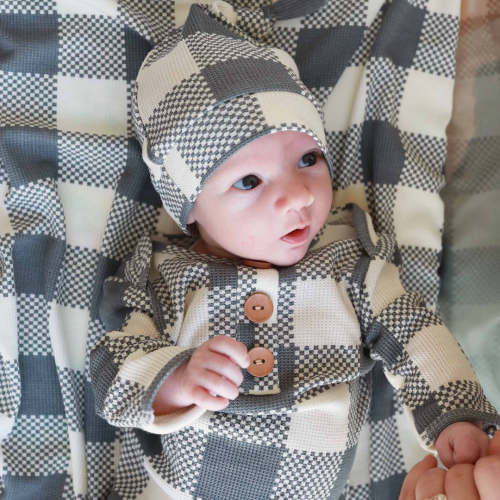 Big Check Bamboo Waffle Newborn Baby Knot Gown & Hat Set | Denim
