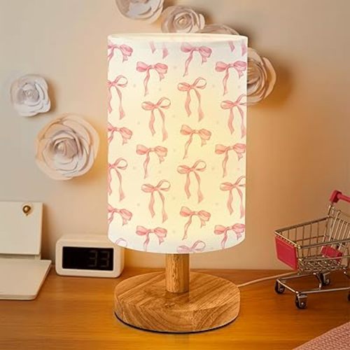 Pink Bow Bedside Table Lamp for Bedroom with USB Port, Funny Cozy Kids Nightstand Lamp with Wood Base Polyester Fabric Shade for Living Room Dorm Desk (Pink)