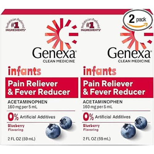 Genexa Infants' Acetaminophen Made Clean, Baby Pain & Fever Reducer, 2 Pack | Pediatrician Preferred Ingredients, Dye Free, 0% Artificial Additives, Pain & Fever Reducer, 160mg per 5mL, Blueberry
