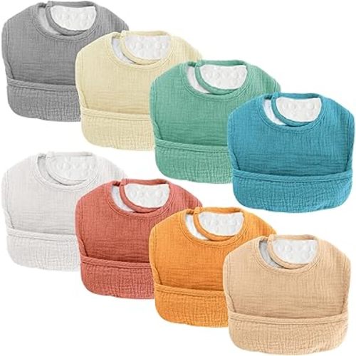 Baby Bibs for Drooling and Teething - 8 Pack Dual Usage Soft Cotton Muslin Bibs for Baby Boys & Girls with Hidden Pocket, Extra Absorbent, Easy to Put On for Toddler, Newborn, Infant